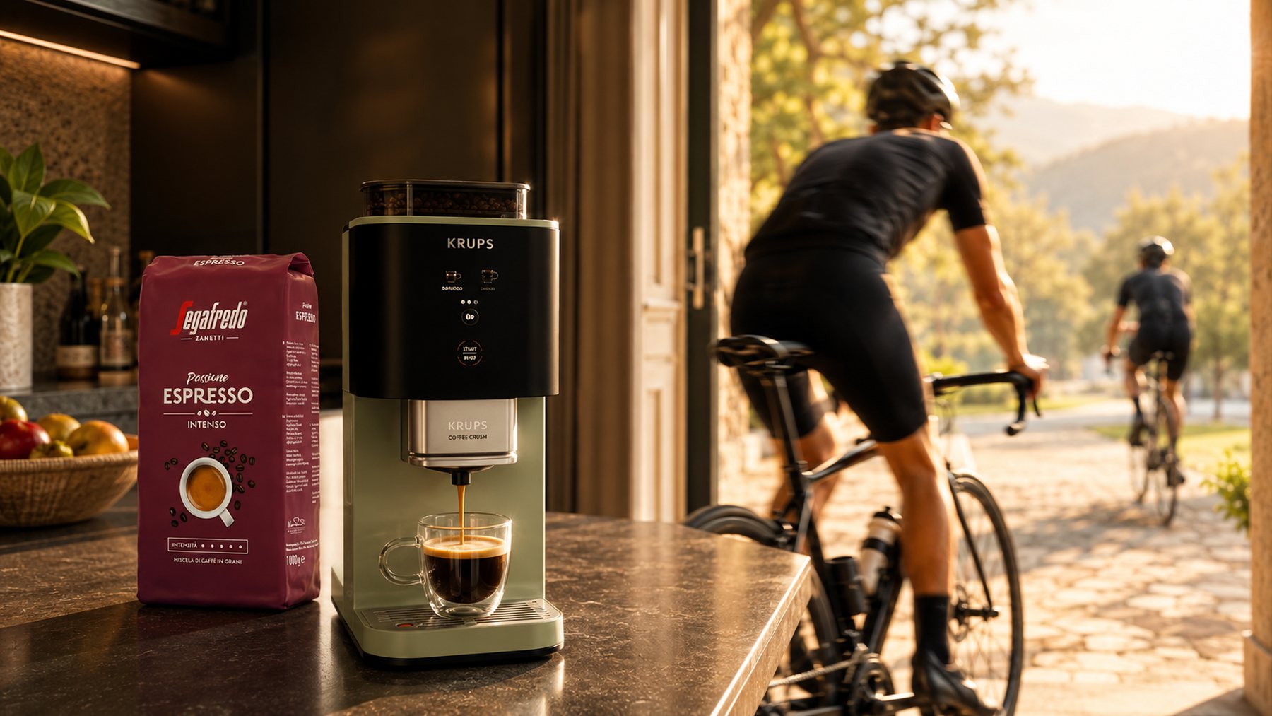 Kávovar Krups Coffee Crush a zrnková káva Segafredo Passione Espresso na kuchyňské lince, v pozadí cyklisté vyjíždějící do krajiny za svítání
